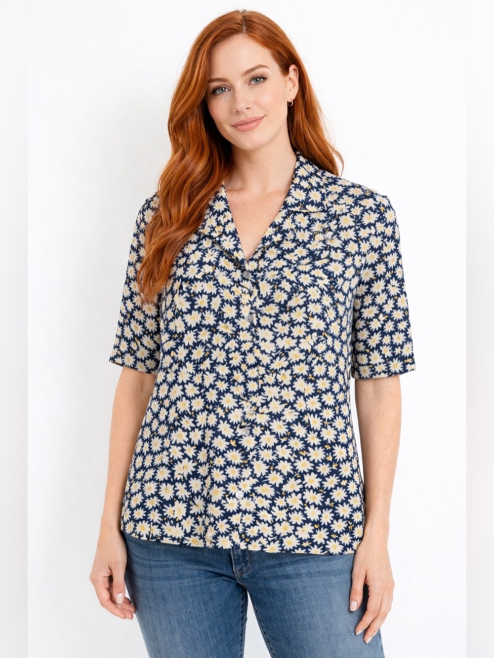 Vintage 90s Rayon Daisy Floral Blouse Navy Yellow Cottagecore Button Front Top